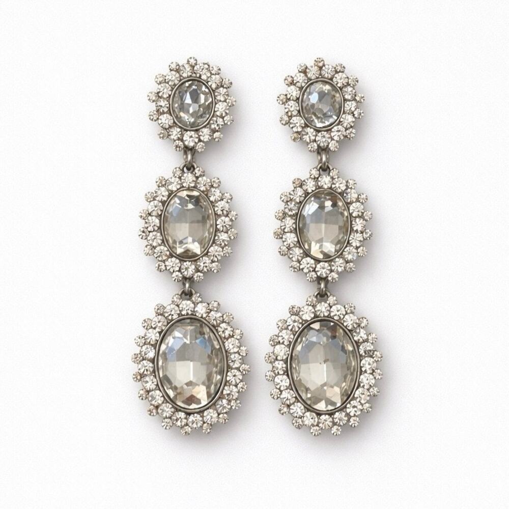 Luxury 3” Crystal Drop Earrings Silver Rhinestone Statement Bridal Glam Pageant